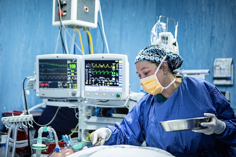 An anaesthetist watching the vital-signs monitor during a procedure.