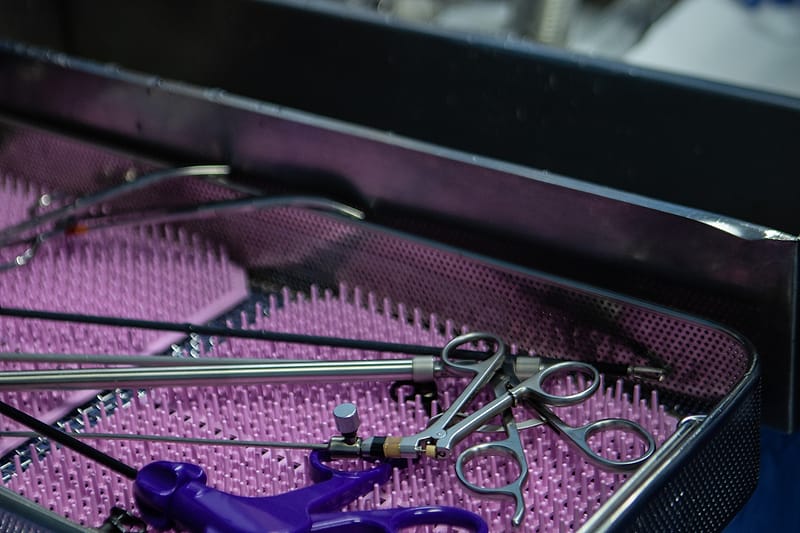 A sterile instrument tray prepared for surgery.